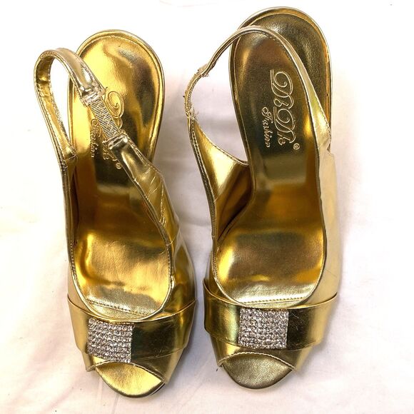 Db Dk Fashion Pump Women's Szes 7.5 4" Heel Slingback Peep Toe Gold Rhinestones - Picture 8 of 11